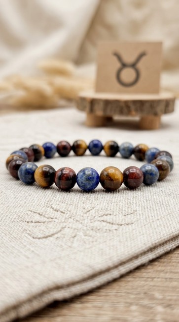 bracelet astrologique extensible en pierres naturelles homme oeil de tigre, oeil de taureau, lapis lazuli , cadeau noel papa, cadeau fete des peres, domidora