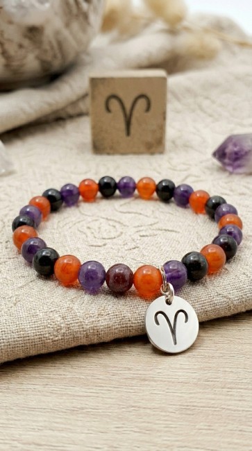 Bracelet astrologique extensible en pierres naturelles pour le bélier, en cornaline, améthyste et grenat, cadeau noel maman, cadeau fete des meres,domidora