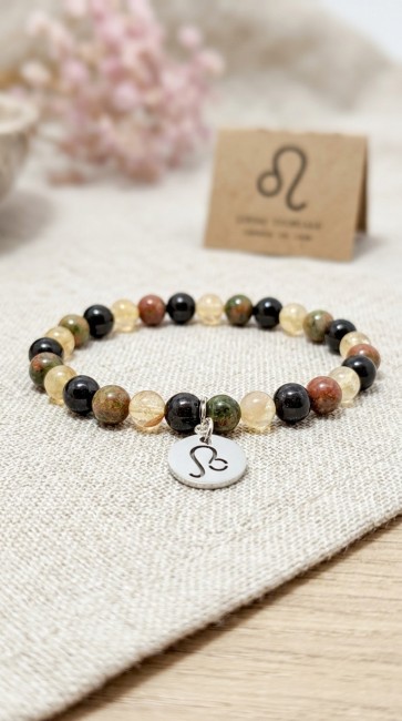 bracelet astrologique extensible en pierres naturelles pour le signe du lion en grenat, citrine et unakite,cadeau noel maman