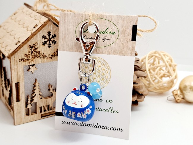 maneki neko, chat porte bonheur, porte clé pierre naturelle, cadeau unisexe chance 