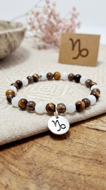 Bracelet astrologique extensible pierres naturelles capricorne en pierre de lune, oeil de tigre, quartz fumé, cadeau noel maman, cadeau fete des mères, domidora Bracelet astrologique extensible pierres naturelles capricorne en pierre de lune, oeil de tigre, quartz fumé, domidora