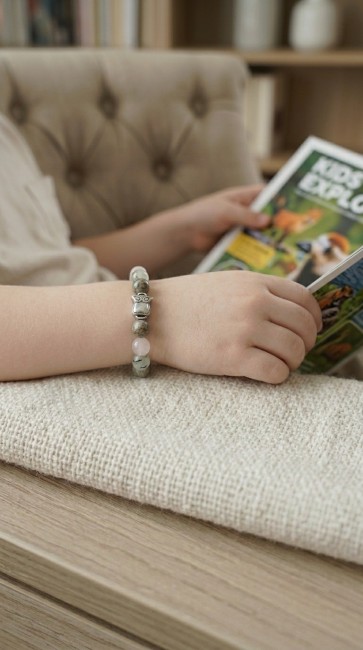 bracelet pierres naturelles enfant hyperactif en bois fossile et préhnite, cadeau noel enfant