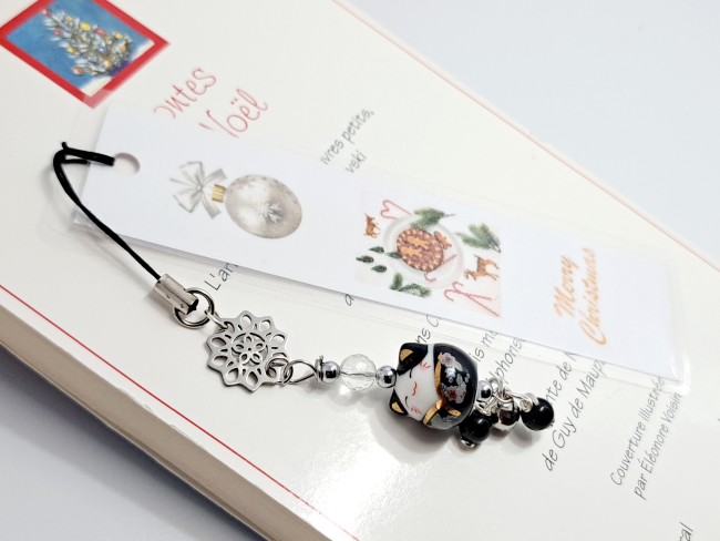 marque page maneki neko chat porte bonheur noir, cadeau Noel pas cher