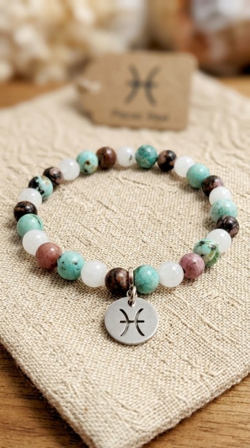 bracelet astrologique extensible en pierres naturelles pour les poissons, en pierre de lune, rhodonite et turquoise, cadeau noel maman, cadeau fete des mères, domidora