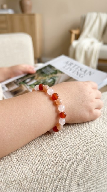 bracelet extensible cornaline, pierre de soleil et quartz rose pour angoisses domidora