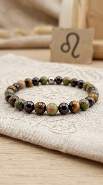bracelet astrologique extensible en pierres naturelles pour homme lion en unakite, grenat et oeil de tigre, cadeau noel papa, cadeau fete des peres, domidora