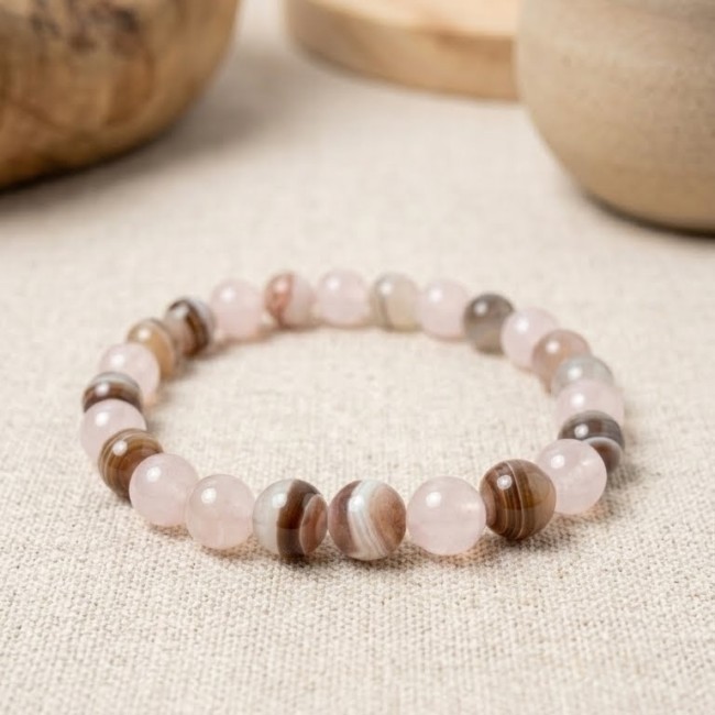 Bracelet extensible en pierres naturelles quartz rose et agate du botswana, cadeau contre la solitude des mamys