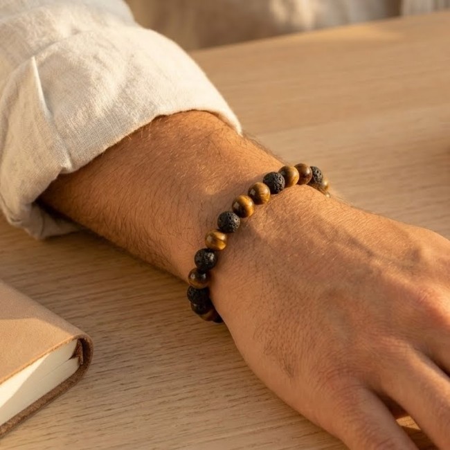 Bracelet extensible en pierre de lave et oeil de tigre cadeau fete des pères, cadeau noel unisexe, cadeau amitité, cadeau ancrage et protection domidora