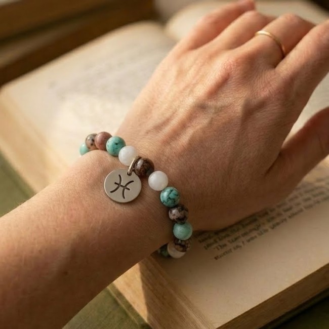 bracelet astrologique extensible en pierres naturelles pour les poissons, en pierre de lune, rhodonite et turquoise, cadeau noel 