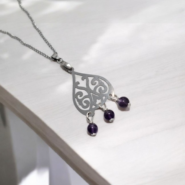 pendentif d'intention acier et améthyste avec chaine