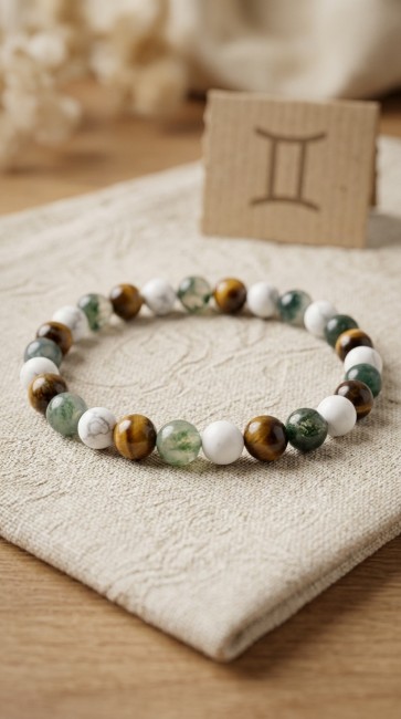 bracelet astrologique extensible en pierres naturelles pour homme gemeaux en agate mousse, howlite et oeil de tigre domidora bracelet astrologique extensible en pierres naturelles pour homme gemeaux en agate mousse, howlite et oeil de tigre, cadeau fete des peres, cadeau noel papa, domidora