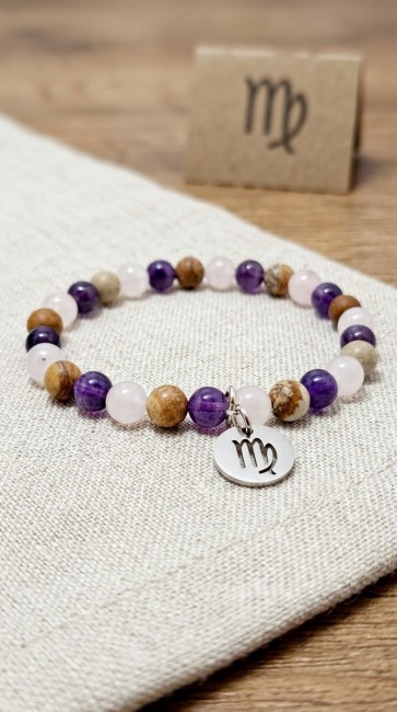 bracelet astrologique extensible en pierres naturelles quartz rose, améthyste et jaspe pour le signe de la vierge, domidora