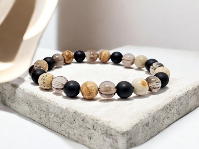 Bracelet astrologique extensible pierres naturelles quartz fumé, onyx et jaspe paysage, cadeau fete des peres, cadeau noel papa, domidora