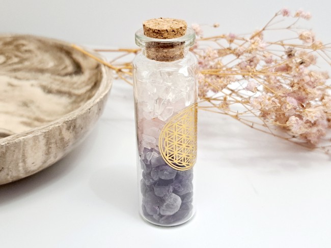 fiole pierres naturelles amethyste cristal de roche et quartz rose