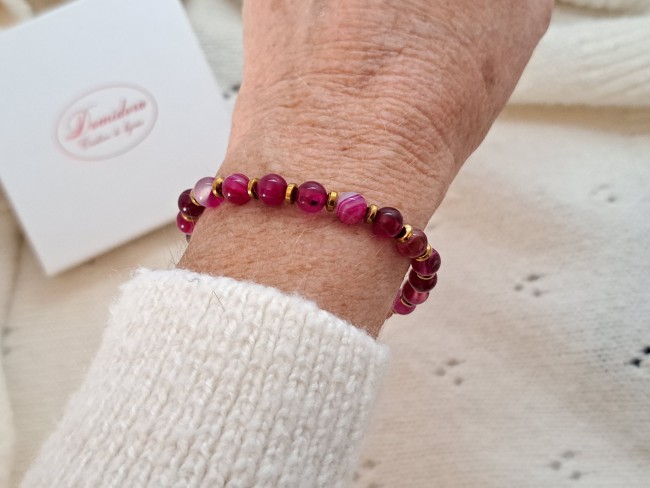 bracelet pierre naturelle agate rose et hématite dorée pour cadeau fete des mères, noel, pour maman, mamy, soeur, amie