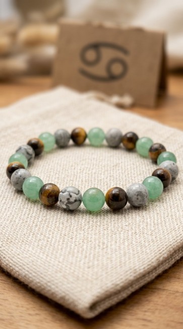 bracelet astrologique extensible hommes signe du cancer en oeil de tigre, aventurine, jaspe picasso domidora
