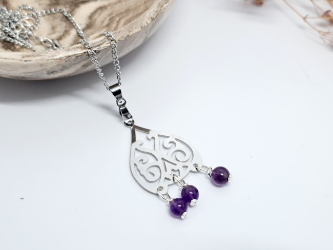 pendentif d'intention acier et améthyste avec chaine