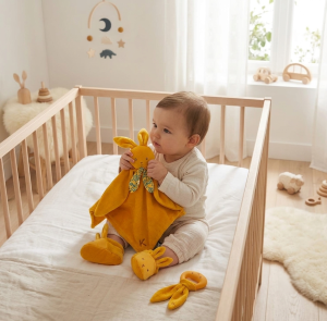 coffret naissance Kaloo moutarde avec doudou plat, chaussons bébé et anneau de dentition
