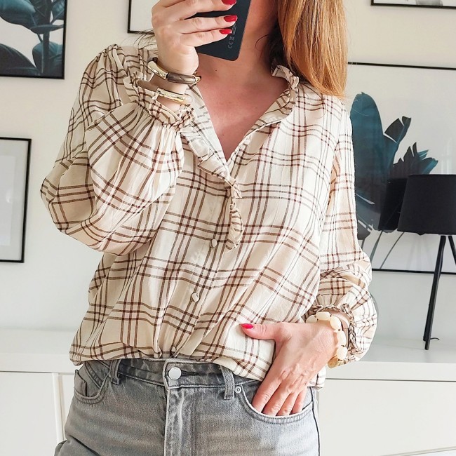 Chemise femme Billie écrue à carreaux jacquard marron chocolat
