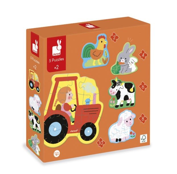 5 puzzles évolutifs animaux de la ferme Janod en carton dès 2 ans