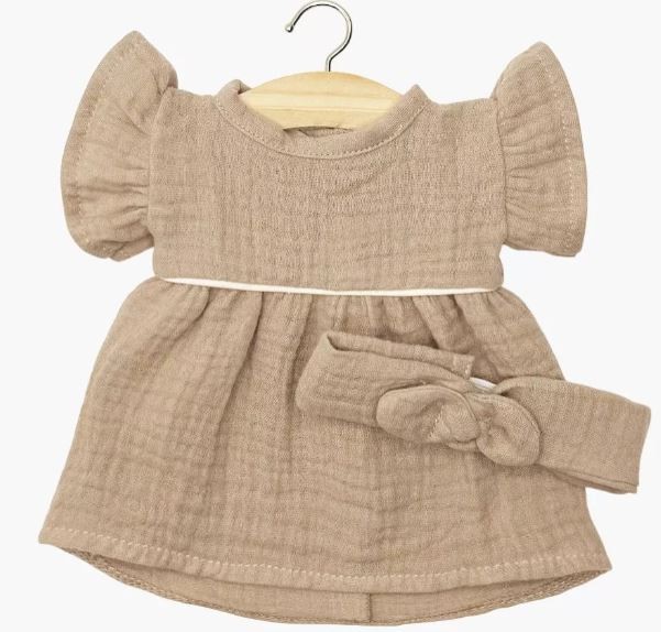 robe pour poupée en gaze de coton marron clair minikane