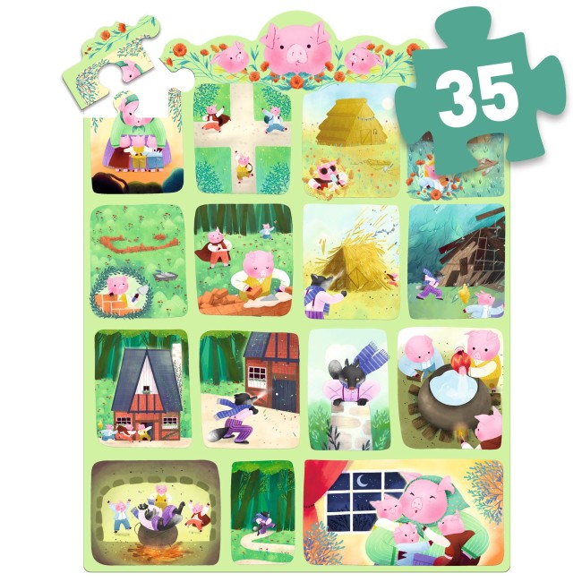 puzzle 35 pièces histoire des 3 petits cochons djeco