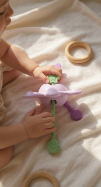 jeu sensoriel bébé et dentition tige en silicone a tirer violet