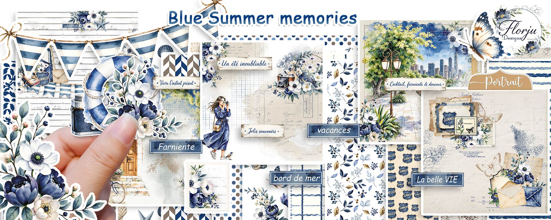 collection numérique de scrap  florale, été, pivoine, bleu, plage