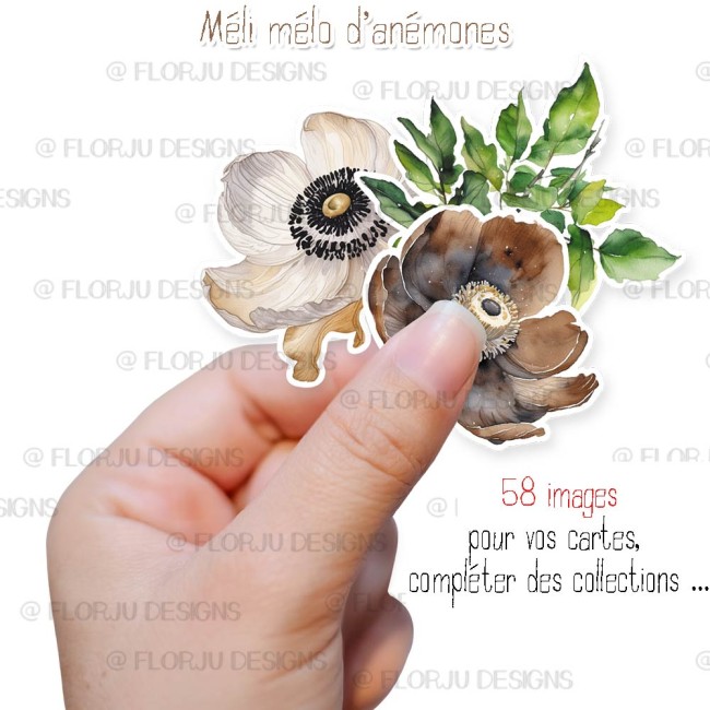 Die cuts Anémone couleur neutre avec 52 fleurs aquarellées marron et ivoire à imprimer. Formats PNG, PDF et Print & Cut Silhouette pour Cricut, Silhouette et scrapbooking.