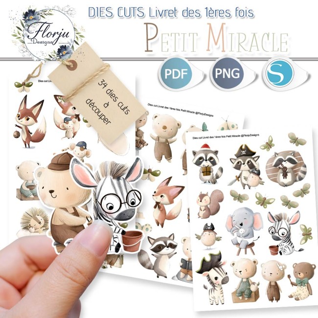 Diecut_Livret1erefois_petitMiracle_florju_PV Pack de 34 dies cuts bébé coordonnés au livret des 1ères fois Petit Miracle. Fichiers PNG fond transparent et Print & Cut Silhouette.