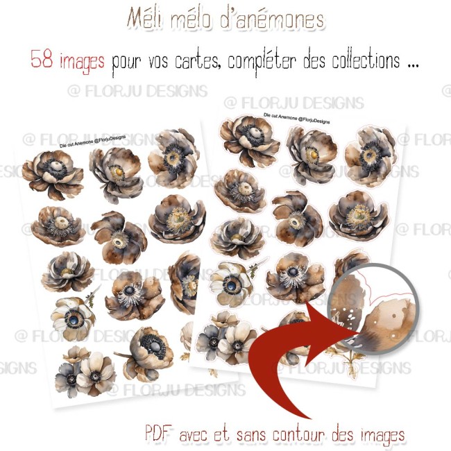 Die cuts Anémone couleur neutre avec 52 fleurs aquarellées marron et ivoire à imprimer. Formats PNG, PDF et Print & Cut Silhouette pour Cricut, Silhouette et scrapbooking.