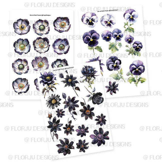 62 die cuts fleurs Dark Flowers à imprimer en PNG, PDF et Print & Cut Silhouette, parfaits pour le scrapbooking, Cricut et les créations papier.