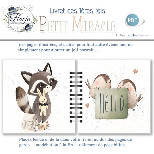 Livret1eresFois_PetitMiracle_florju_PV-(6) Album souvenir bébé imprimable de 57 pages A4 pour conserver les premières fois, les grands moments et les souvenirs des 4 saisons.