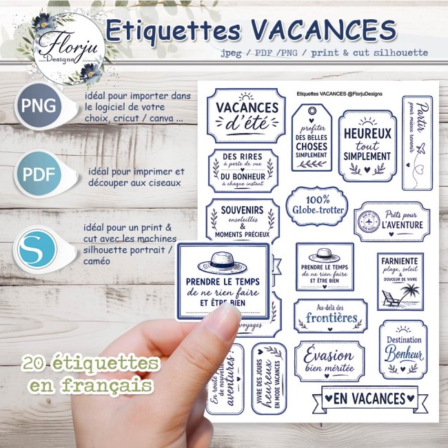 VACANCES_etiquette_florju_pv2 Étiquettes numériques vacances, voyage et aventure numérique, fichiers PNG transparent, PDF, JPEG et Silhouette Print & Cut.