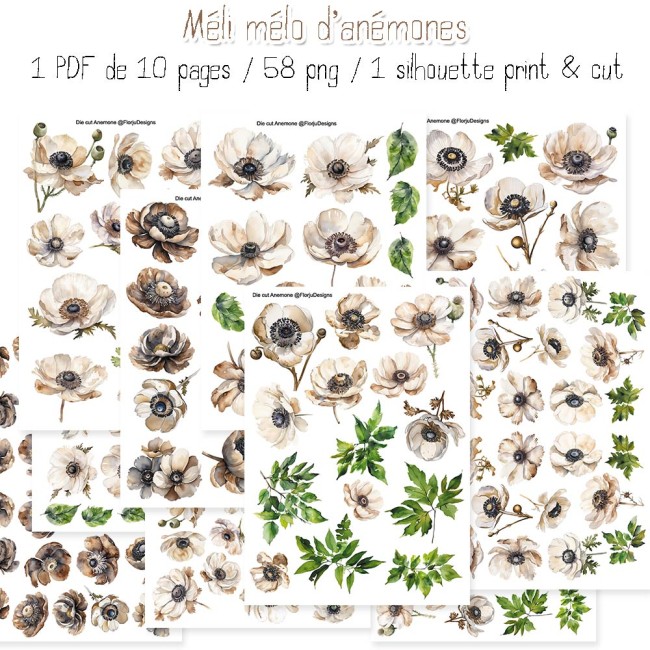 Die cuts Anémone couleur neutre avec 52 fleurs aquarellées marron et ivoire à imprimer. Formats PNG, PDF et Print & Cut Silhouette pour Cricut, Silhouette et scrapbooking.
