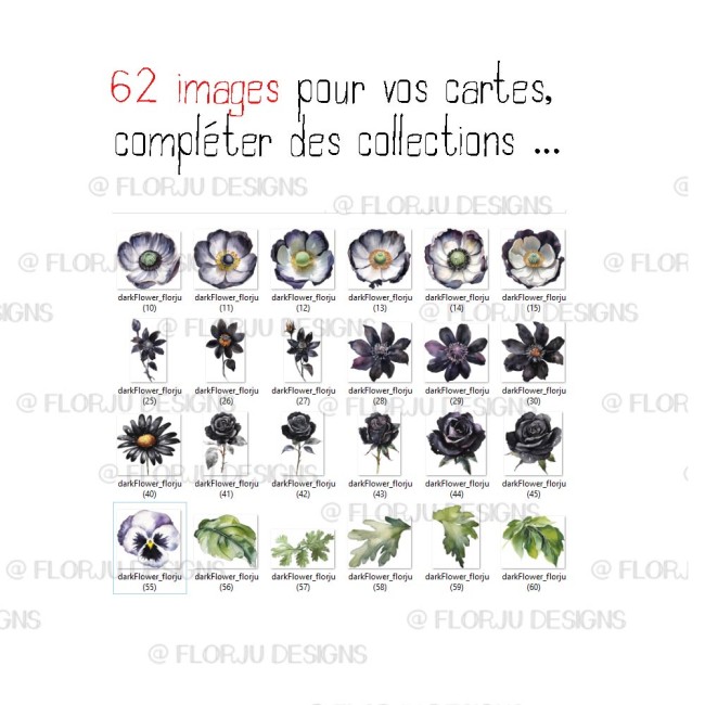 62 die cuts fleurs Dark Flowers à imprimer en PNG, PDF et Print & Cut Silhouette, parfaits pour le scrapbooking, Cricut et les créations papier.