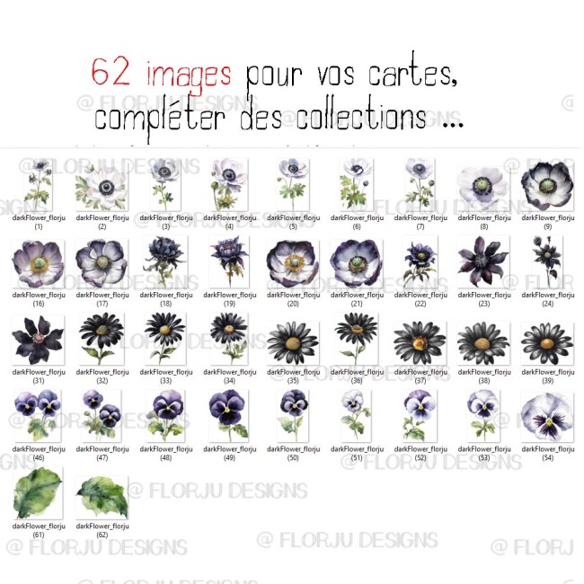 62 die cuts fleurs Dark Flowers à imprimer en PNG, PDF et Print & Cut Silhouette, parfaits pour le scrapbooking, Cricut et les créations papier.