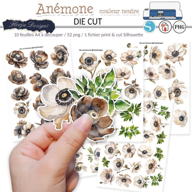 Die cuts Anémone couleur neutre avec 52 fleurs aquarellées marron et ivoire à imprimer. Formats PNG, PDF et Print & Cut Silhouette pour Cricut, Silhouette et scrapbooking.