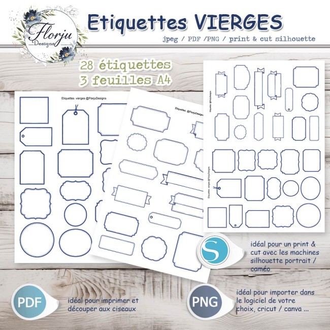 Planche de 28 étiquettes vierges bleues aux formes variées, incluant ronds, rectangles, fanions et contours arabesques, disponibles en PDF, JPEG, PNG transparent et Silhouette Print & Cut
