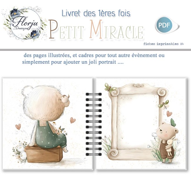Livret1eresFois_PetitMiracle_florju_PV-(5) Exemple de livret des 1ères fois bébé imprimé, relié avec une spirale et prêt à être complété avec photos et souvenirs.