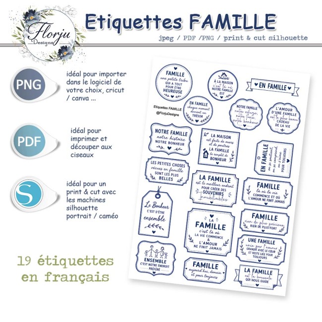 Planche de 20 étiquettes numériques thème famille, disponibles en PDF, JPEG, PNG transparent et format Silhouette Print & Cut