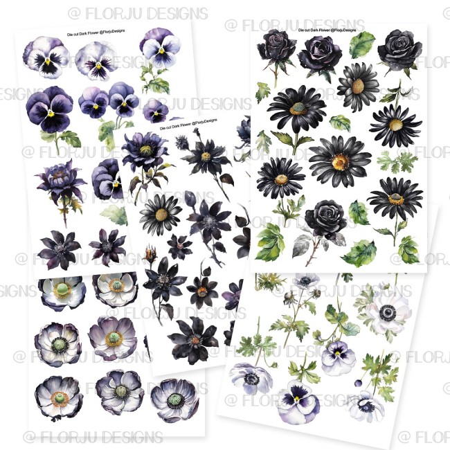 62 die cuts fleurs Dark Flowers à imprimer en PNG, PDF et Print & Cut Silhouette, parfaits pour le scrapbooking, Cricut et les créations papier.