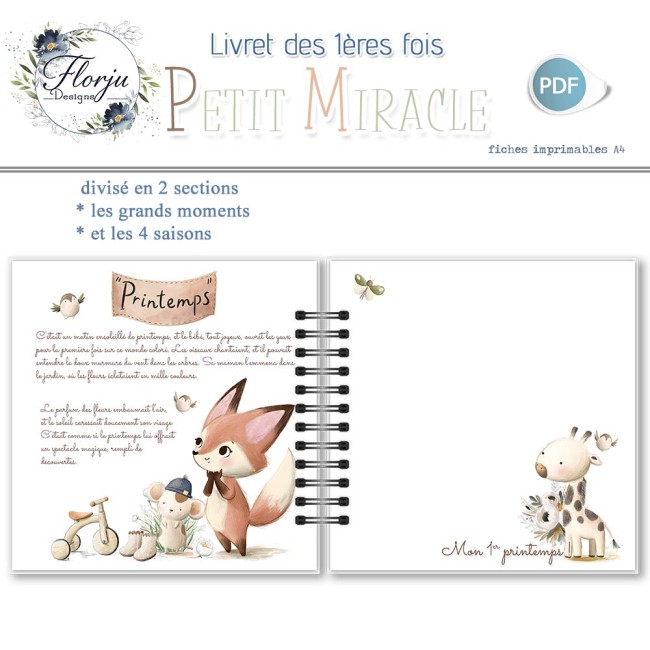Livret1eresFois_PetitMiracle_florju_PV-(4) Page illustrée Les 4 saisons du livret bébé imprimable pour documenter les souvenirs du printemps, été, automne et hiver.