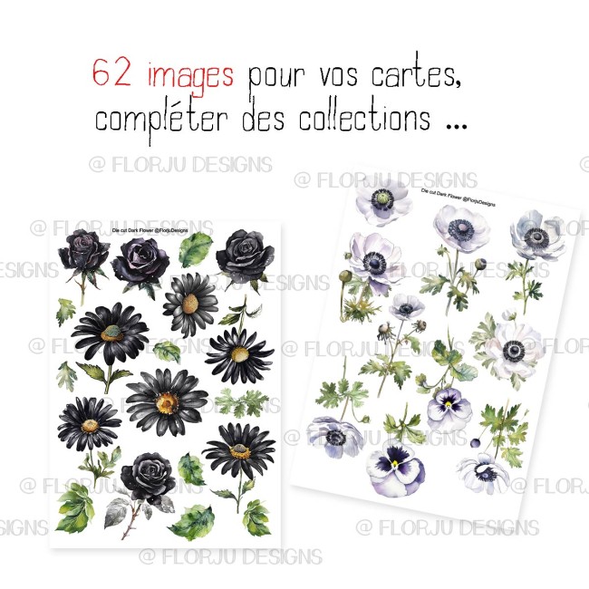 62 die cuts fleurs Dark Flowers à imprimer en PNG, PDF et Print & Cut Silhouette, parfaits pour le scrapbooking, Cricut et les créations papier.