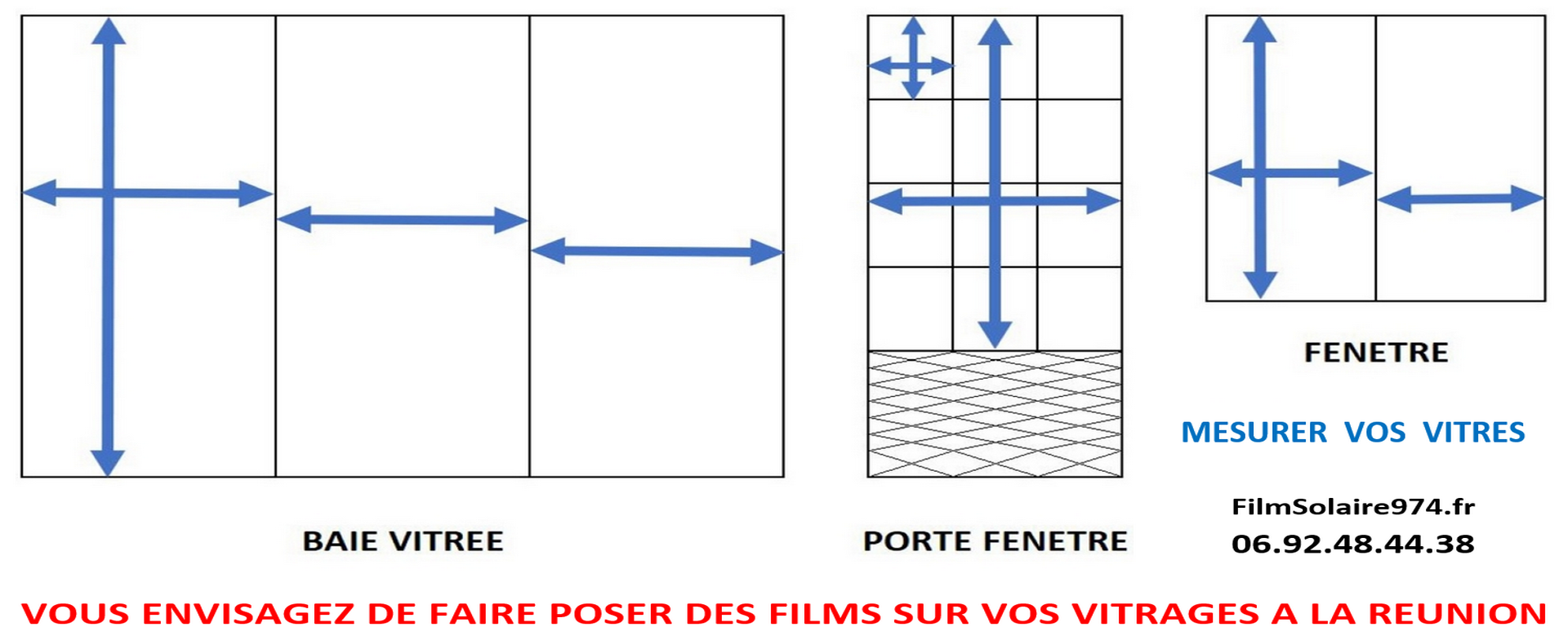 Schéma pour prendre les mesures des baies vitrées et fenêtres pour établir un devis estimatif gratuit et sans engagement par l'entreprise FilmSolaire974