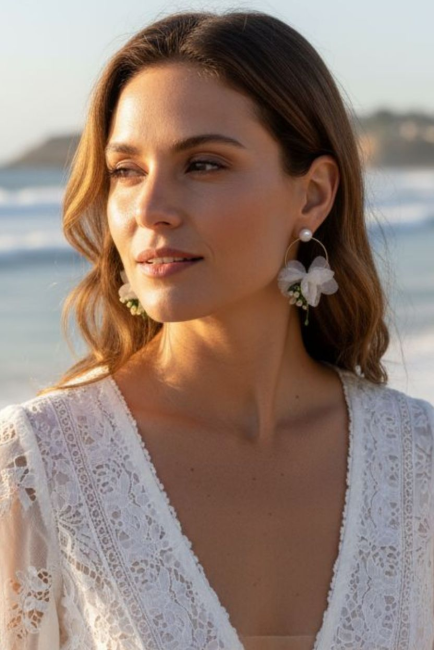 Créoles argent mariée fleurs blanches