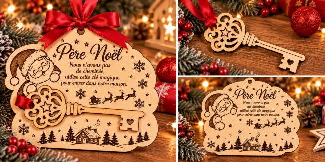 Plaque de Noël et clé magique en bois