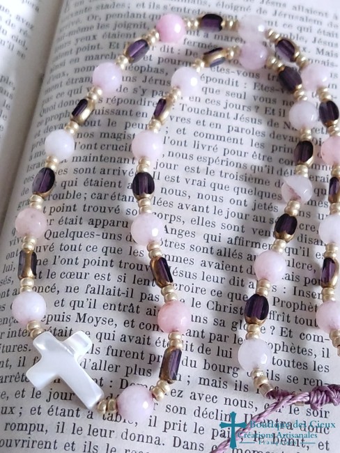 collier en nacre, quartz rose