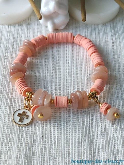 bracelet artisanal évocation religieuse bracelet extensible en pierre naturelle