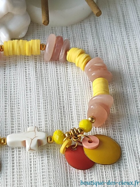 pierre du soleil heishi jaune vif breloques émaillées pétillantes